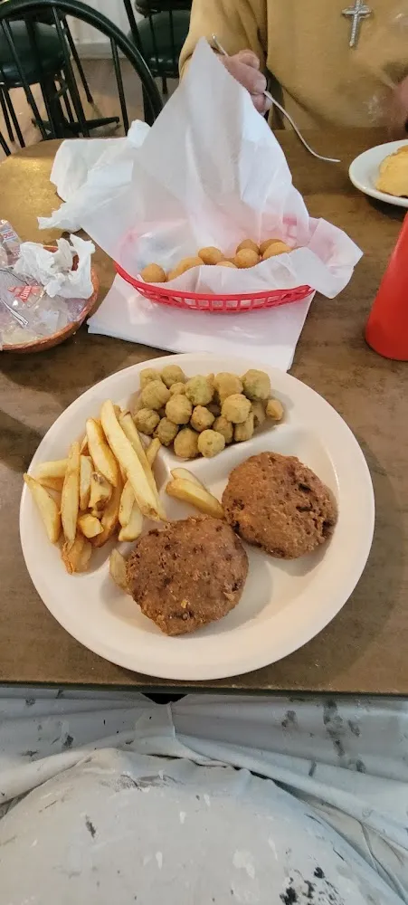 Salmon Patties with Fried Okra an French Fries